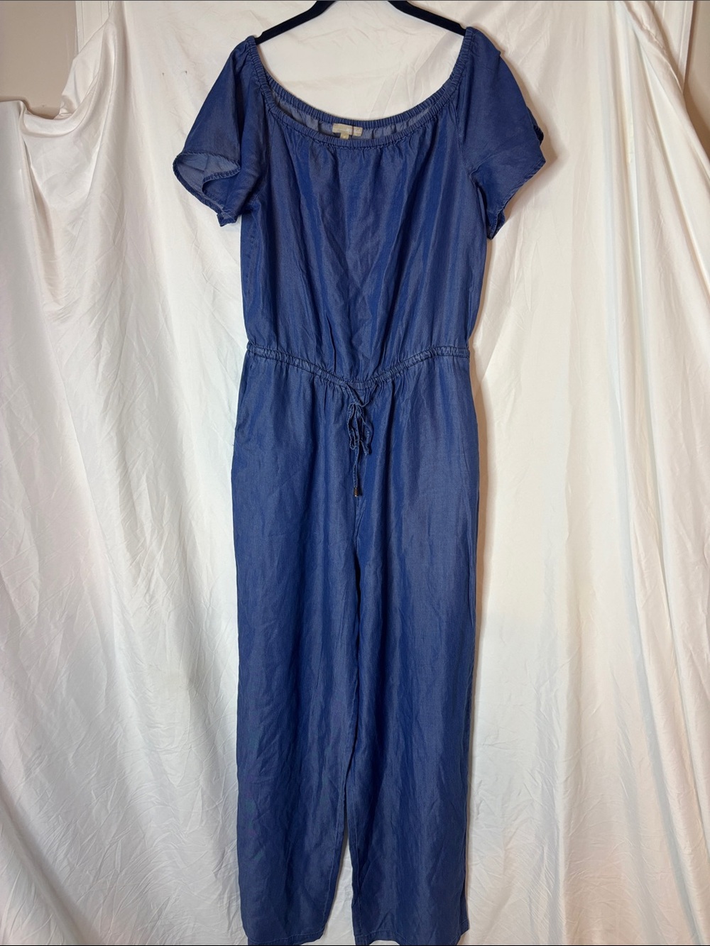 Blue Off-Shoulder Drawstring-Waist Jumpsuit